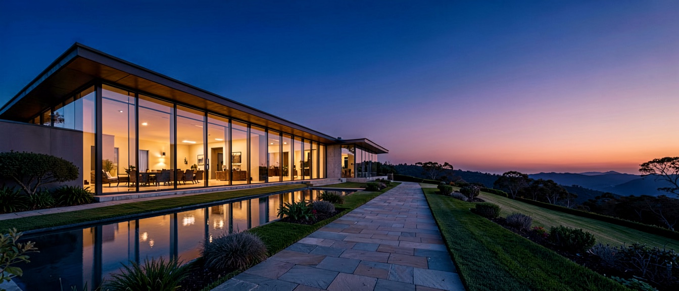 A signature representation — modernist hilltop estate at dusk
